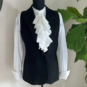 Ralph Lauren Women’s White Blouse Top Standup Collar, French Cuffs, Ruffle Front